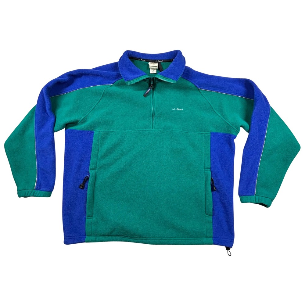 Vintage LL Bean Fleece Mens XL Colorblock Quarter Zip Pullover Green Blue 90s